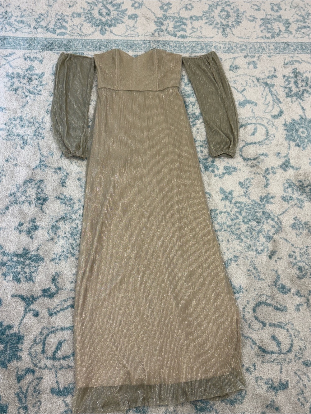 Metallic Gold Off-Shoulder Maxi Dress with Puff Sleeves